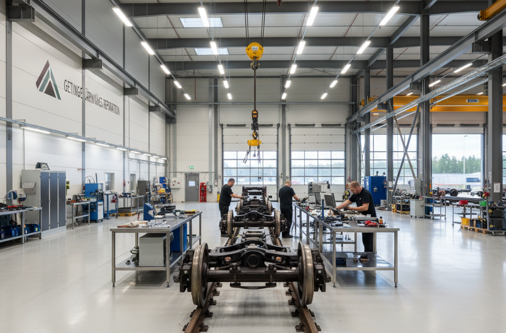 Närbild av en professionell järnvägs reparation i Getinge där en bantekniker arbetar med att justera räls och syllar.