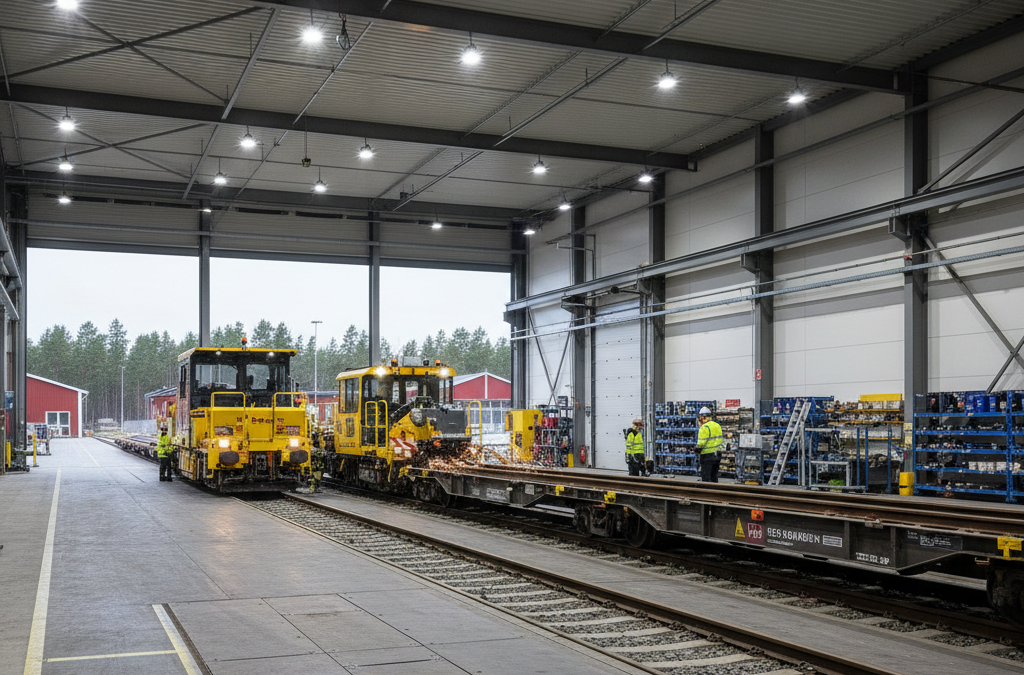 Professionellt banarbete under en järnvägs reparation i Getinge, med spårmaskiner och tekniker som arbetar på rälsen.