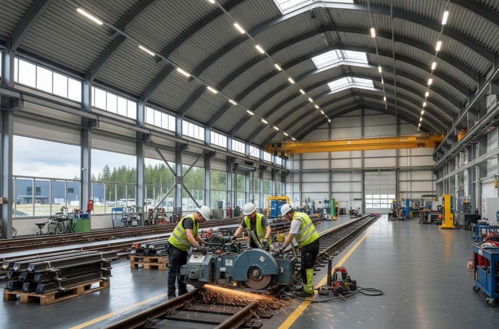 Professionellt team som utför en järnvägsreparation på ett industrispår i Getinge, med fokus på säkerhet och precision.